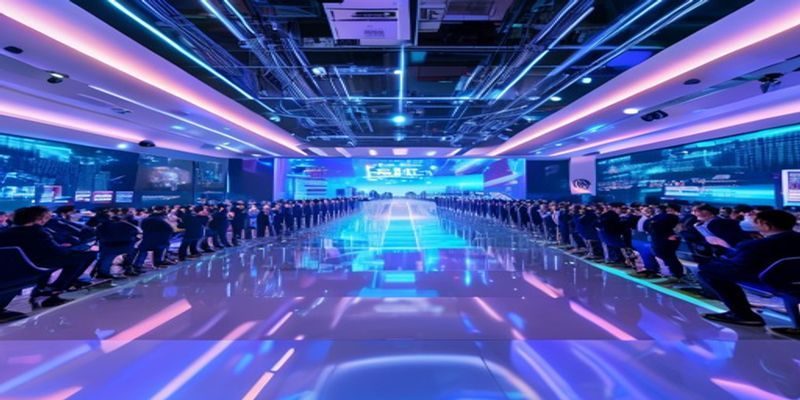 2026年中文无码在线播放平台技术升级发布会现场，大屏展示4K超清播放效果，科技感十足